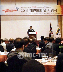 정병국 문화체육관광부 장관이 태권도의 날 기념사를 하고 있다.